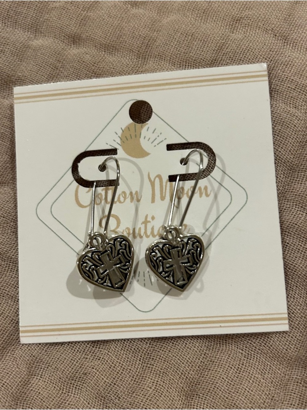 Silver Heart Cross Dangle Earrings
